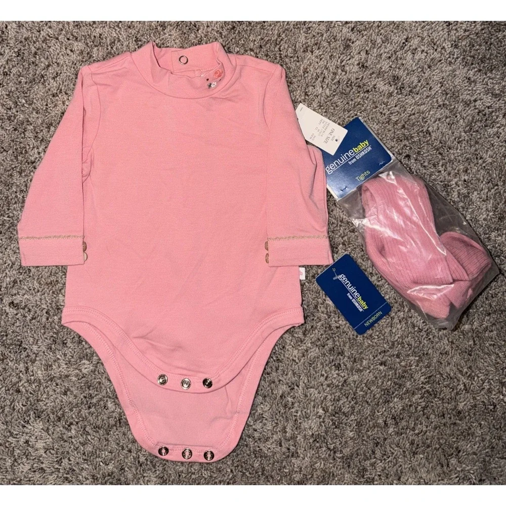 Y2K Genuine Baby OshKosh 6M 3Pc Denim Jumper Pink Top Tights‎ Set NWT Target